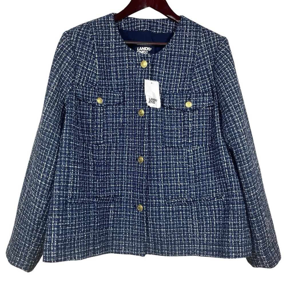 NWT Lands End Tweed Blazer Womens 2X Blue with Gold Buttons Career Jacket - Picture 1 of 7